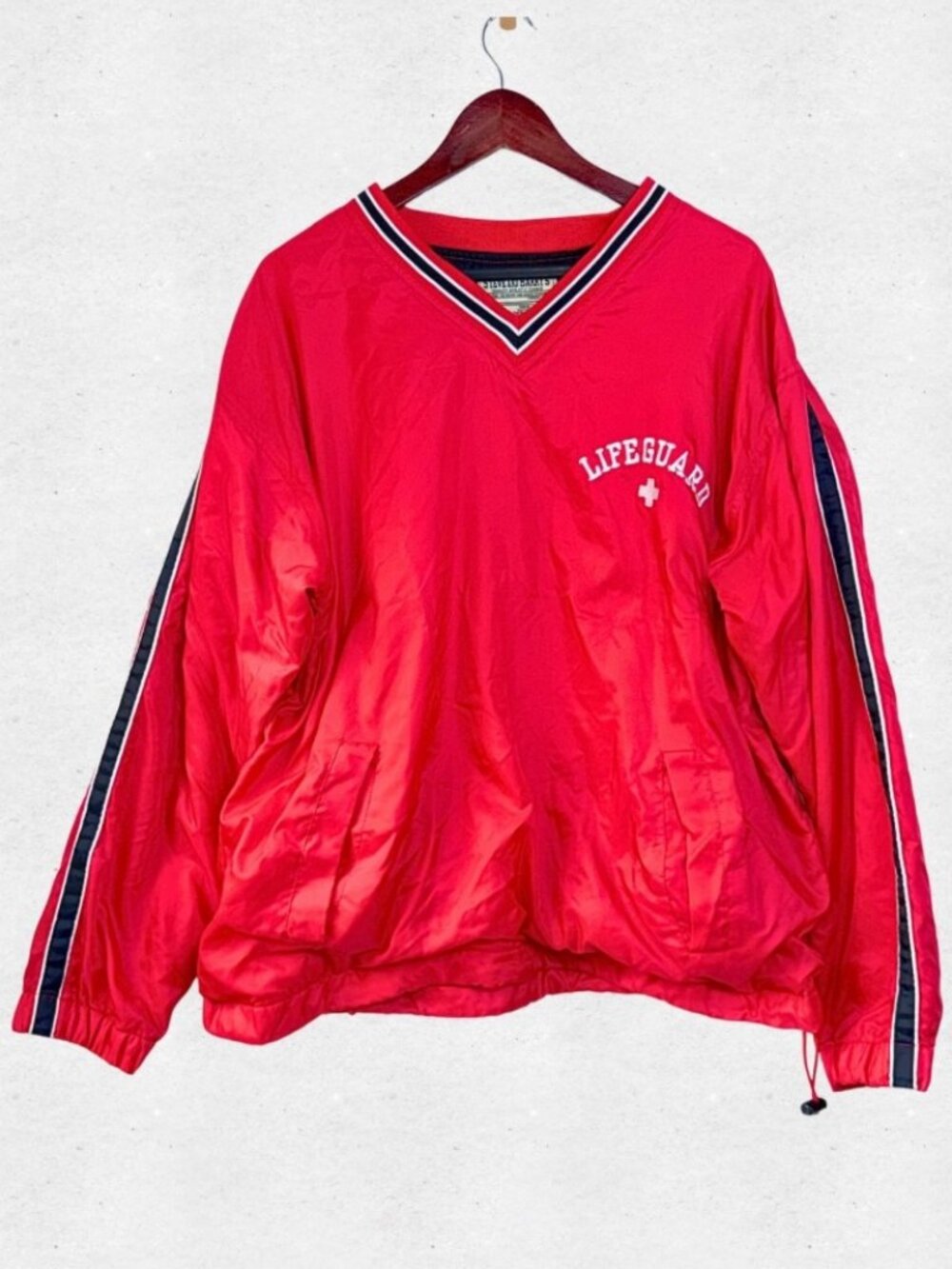 Vintage Embroidered Lifeguard Red Pullover Windbreaker Shirt Medium Pockets